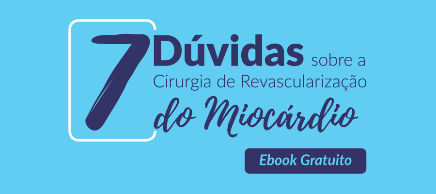 Banner azul claro com texto em azul-escuro: "7 Dúvidas sobre a Cirurgia de Revascularização do Miocárdio. Ebook Gratuito"